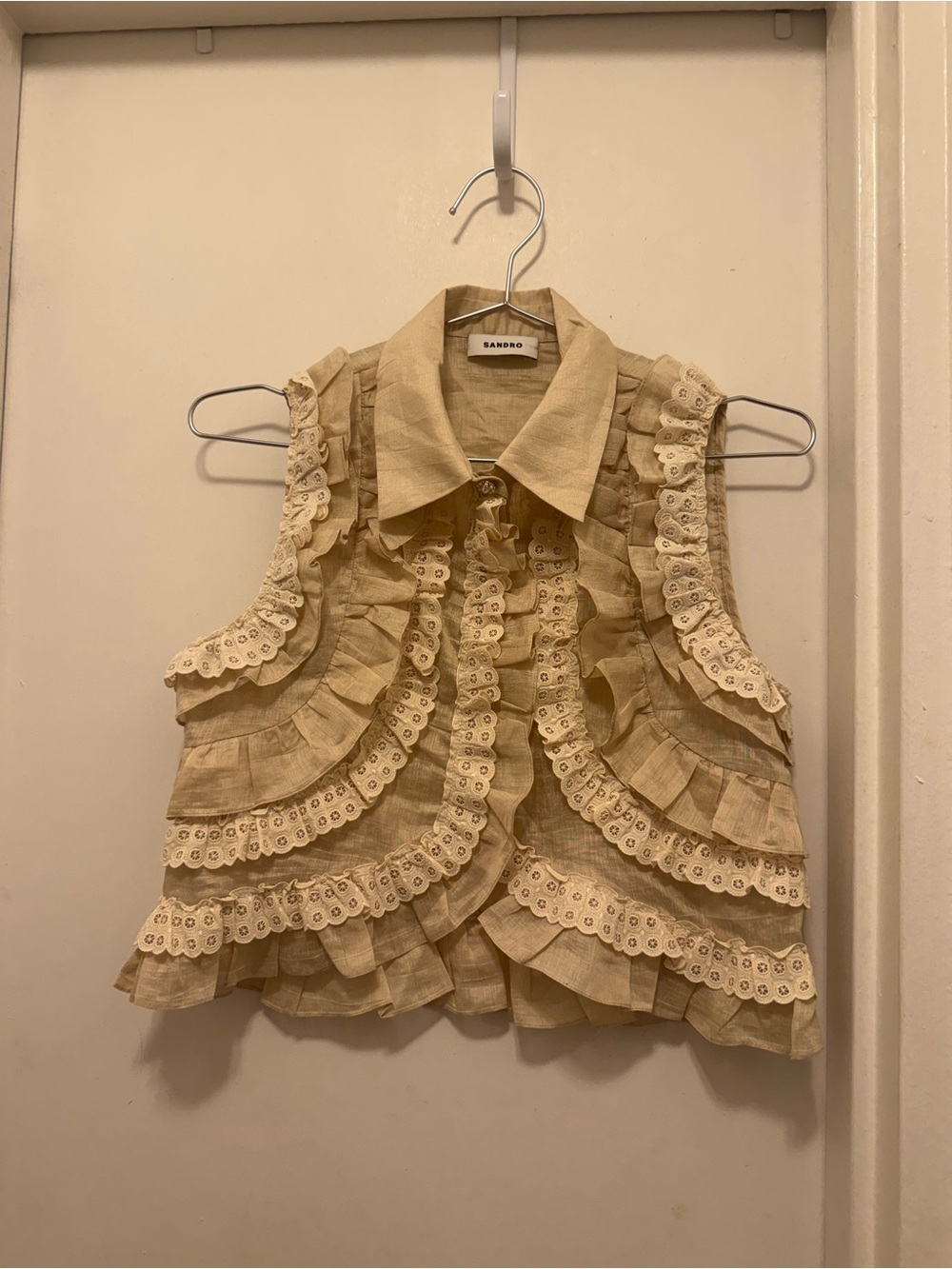 Sandro Beige Cream Ruffled Eyelet Collar Top